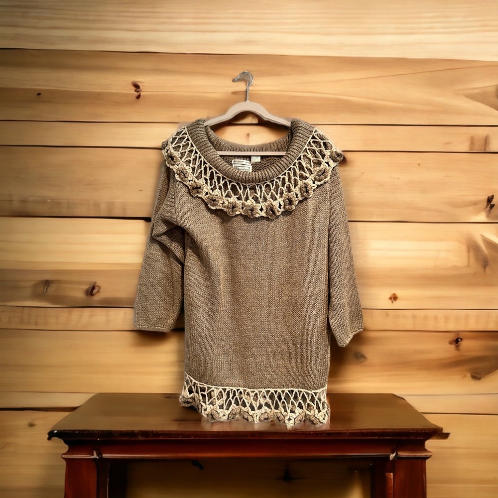 Shenanigans vintage handknitted long sleeve wool blend taupe and cream sweater